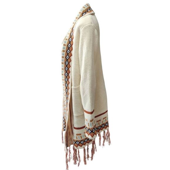 Boutique open front cardigan sweater Aztec print fringe pockets cream large - Picture 3 of 7